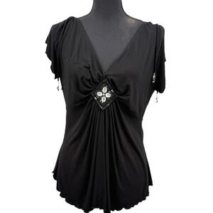 Y2K Womens Krista Lee Black Top V Neck Rhinestone Embellished Party Blouse Large